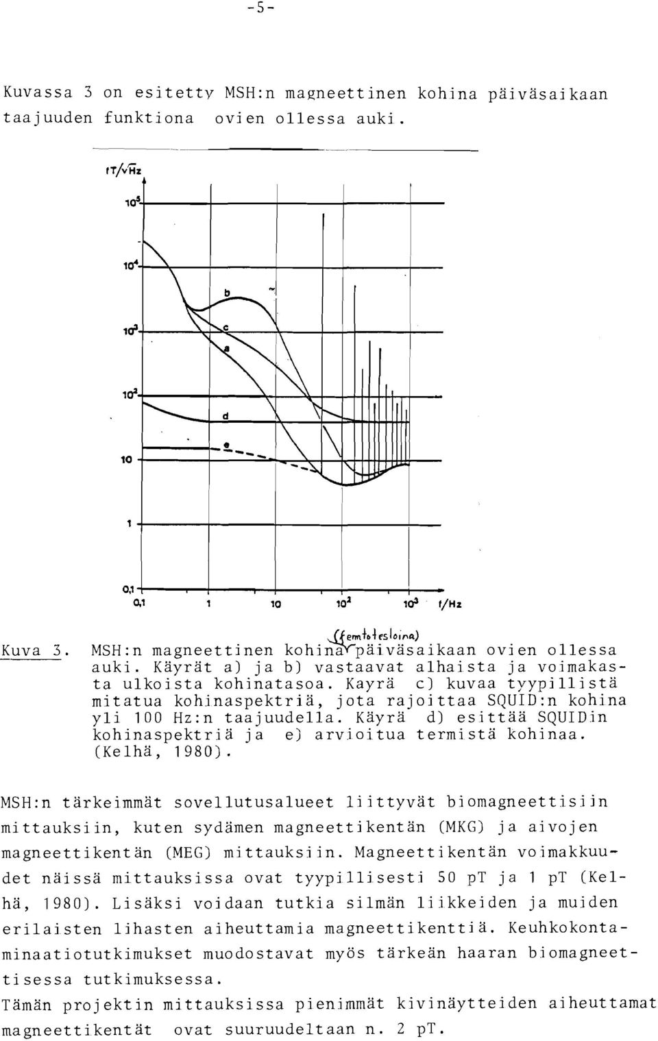 Käyrä d) esittää SQUIDin kohinaspektriä ja e) arvioitua termi sta kohinaa. (Kelhä, 1980).
