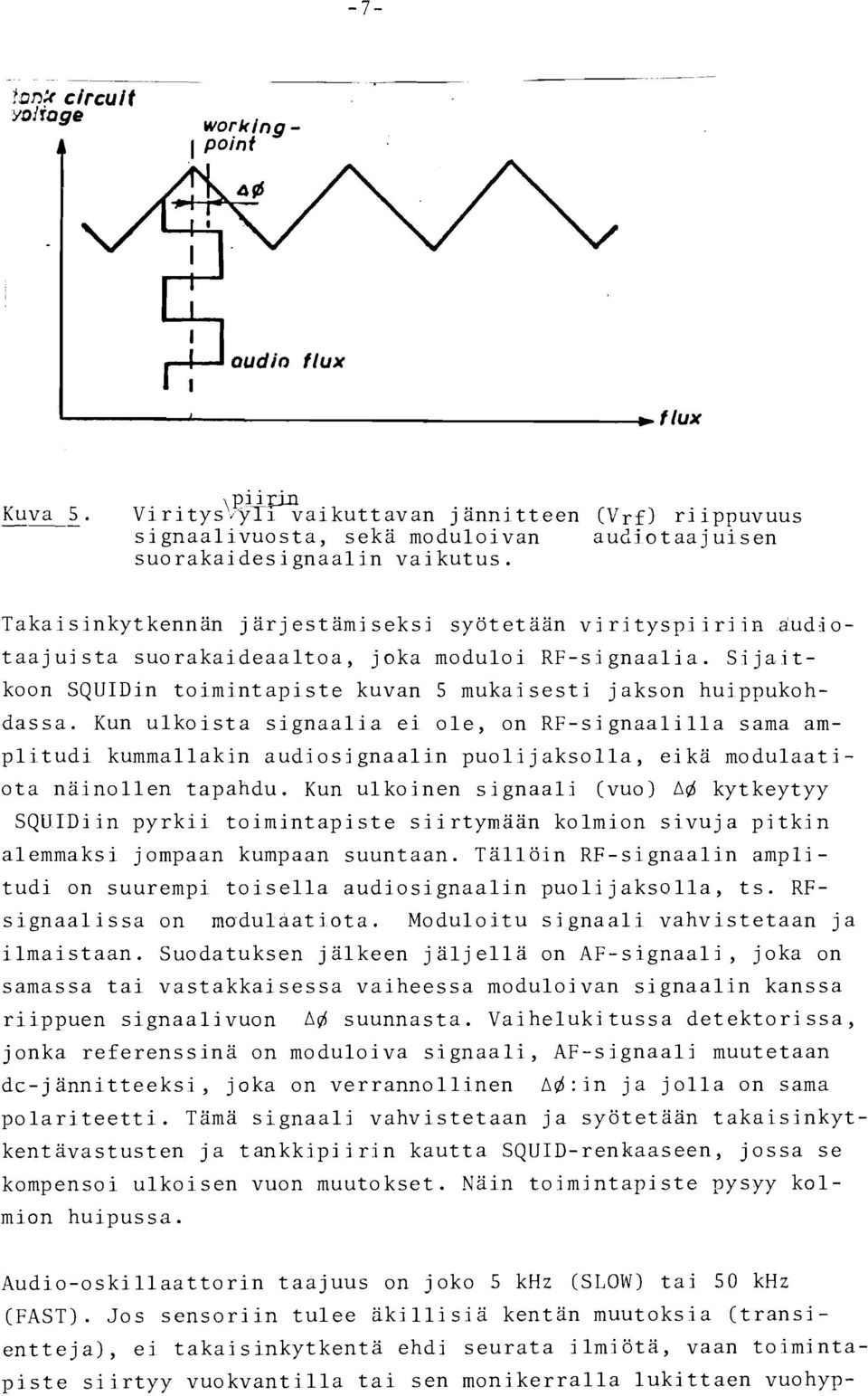 Takaisinkytkennän järjestämiseksi syötetaan virityspi iriin audiotaajuista suorakaideaaltoa, joka moduloi RF-signaalia. Si jaitkoon SQUIDin toimintapiste kuvan 5 mukaisesti jakson huippukohdassa.
