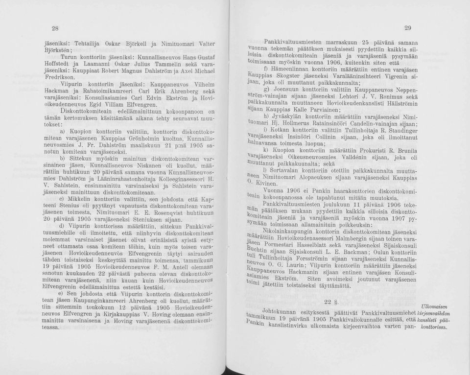 Viipurin konttoriin jäseniksi: Kauppaneuvos Vilhelm Hackman ja Rahatoimikamreeri Carl Erik Ahrenberg sekä varajäseniksi: Konsuliasiamies Carl Edvin Ekström ja Hovioikeudenneuvos Egid Villiam