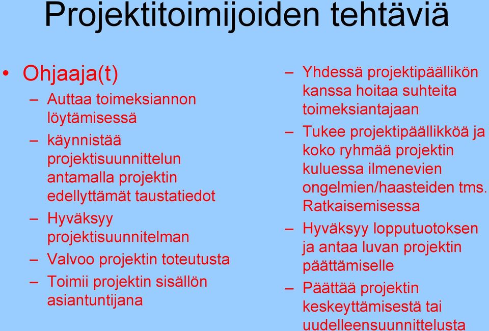 kanssa hoitaa suhteita toimeksiantajaan Tukee projektipäällikköä ja koko ryhmää projektin kuluessa ilmenevien ongelmien/haasteiden tms.