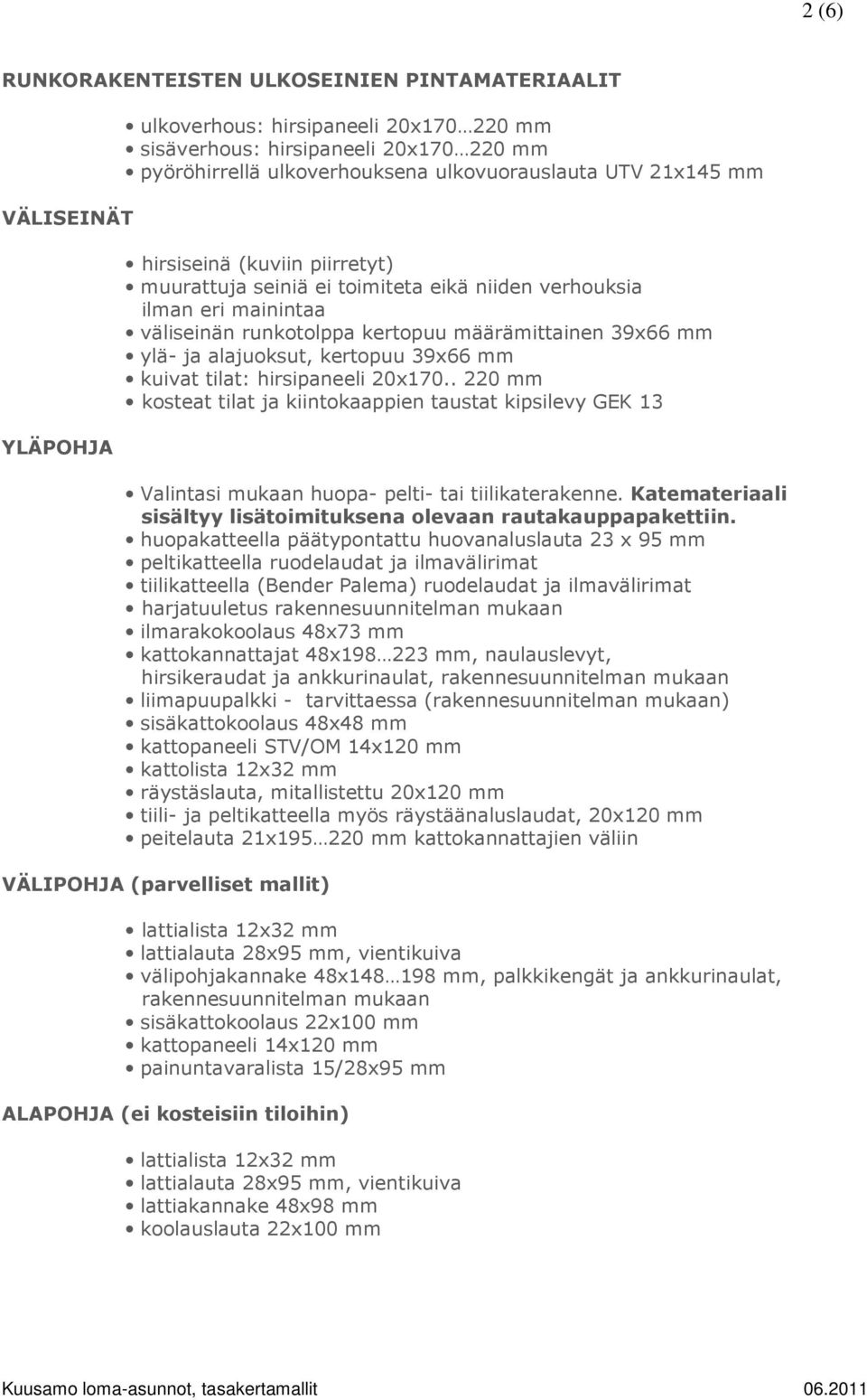 kertopuu 39x66 mm kuivat tilat: hirsipaneeli 20x170.. 220 mm kosteat tilat ja kiintokaappien taustat kipsilevy GEK 13 Valintasi mukaan huopa- pelti- tai tiilikaterakenne.