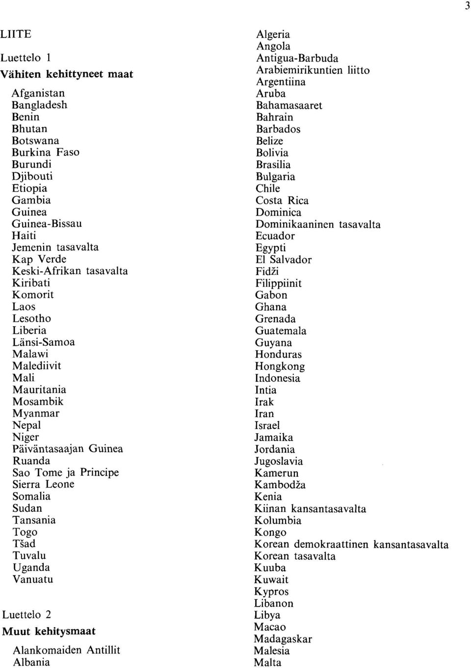 Tansania Togo TSad Tuvalu Uganda Vanuatu Luettelo 2 Muut kehitysmaat Alankomaiden Antillit Albania Algeria Angola Antigua-Barbuda Arabiemirikuntien liitto Argentiina Aruba Bahamasaaret Bahrain