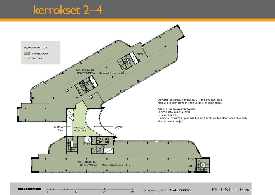 Kukin kerros on suunniteltavissa -maisemaatoimistoksi (avo) -huonetoimistoksi -tai kombitoimistoksi, joka sisältää sekä avotoimistoa että