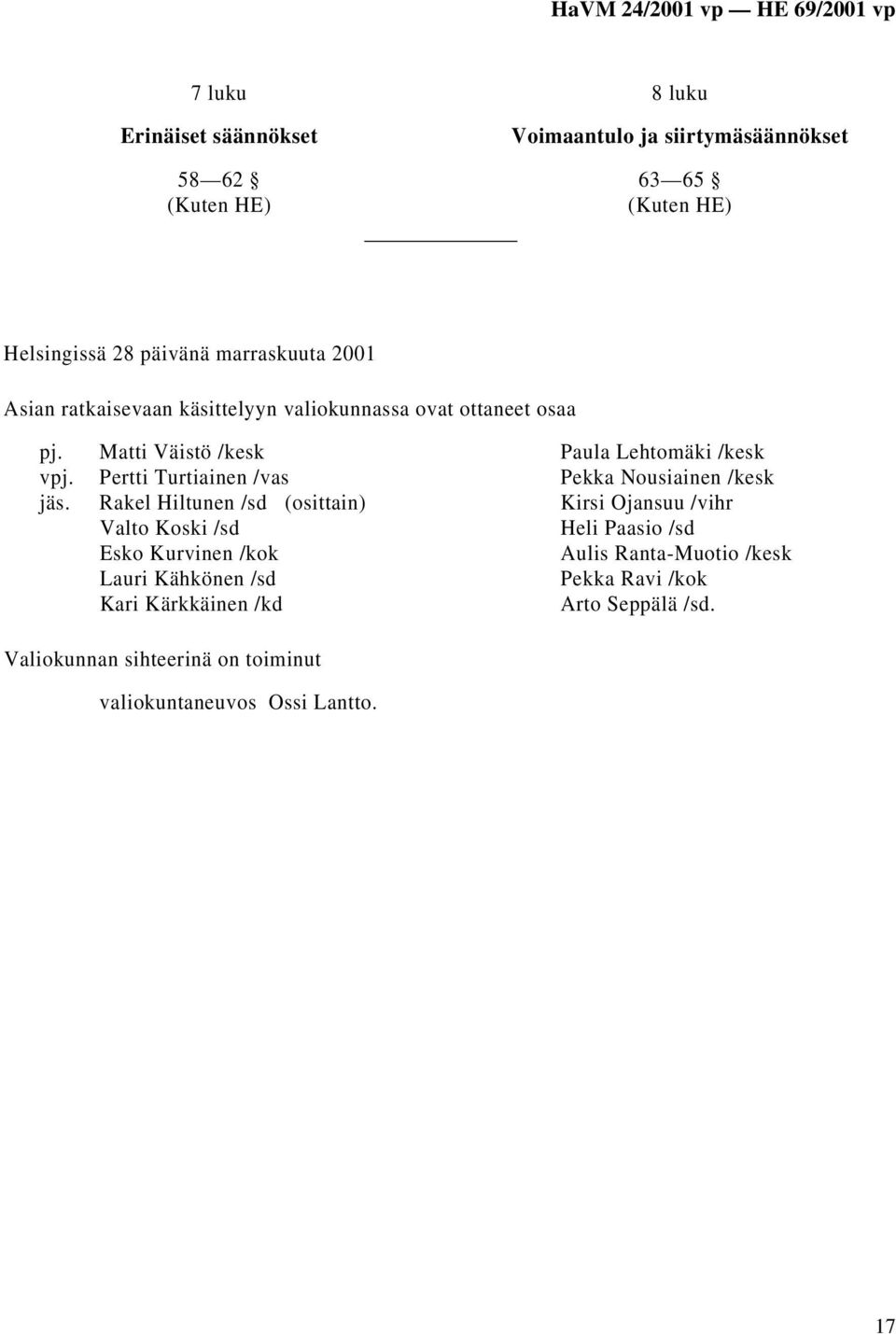 Matti Väistö /kesk Pertti Turtiainen /vas Rakel Hiltunen /sd (osittain) Valto Koski /sd Esko Kurvinen /kok Lauri Kähkönen /sd Kari