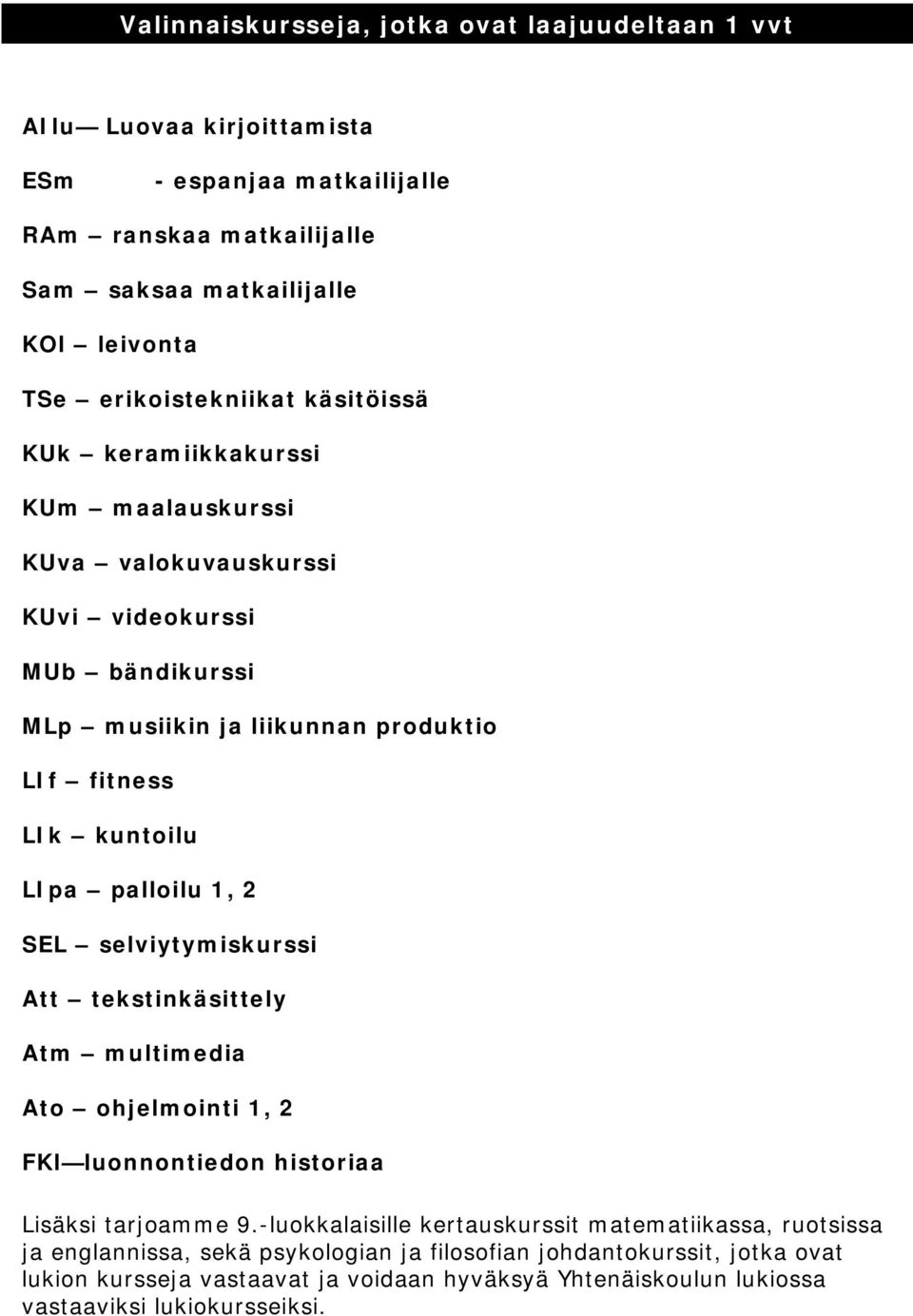 LIpa palloilu 1, 2 SEL selviytymiskurssi Att tekstinkäsittely Atm multimedia Ato ohjelmointi 1, 2 FKl luonnontiedon historiaa Lisäksi tarjoamme 9.