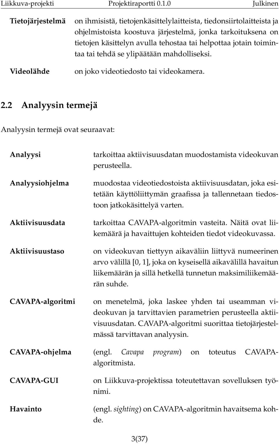 2 Analyysin termejä Analyysin termejä ovat seuraavat: Analyysi Analyysiohjelma Aktiivisuusdata Aktiivisuustaso CAVAPA-algoritmi tarkoittaa aktiivisuusdatan muodostamista videokuvan perusteella.