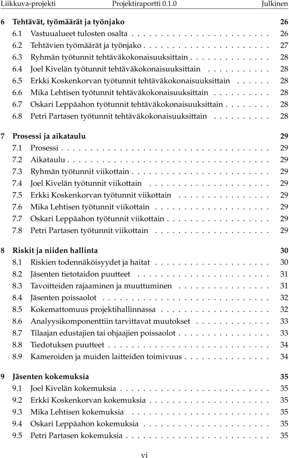 ......... 28 6.7 Oskari Leppäahon työtunnit tehtäväkokonaisuuksittain........ 28 6.8 Petri Partasen työtunnit tehtäväkokonaisuuksittain.......... 28 7 Prosessi ja aikataulu 29 7.1 Prosessi.................................... 29 7.2 Aikataulu.