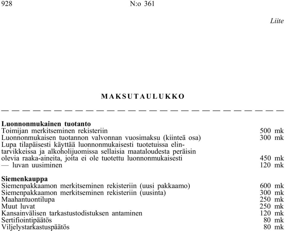 tuotettu luonnonmukaisesti 450 mk luvan uusiminen 120 mk Siemenkauppa Siemenpakkaamon merkitseminen rekisteriin (uusi pakkaamo) Siemenpakkaamon merkitseminen