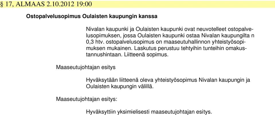 jossa Oulaisten kaupunki ostaa Nivalan kaupungilta n 0,3 htv. ostopalvelusopimus on maaseutuhallinnon yhteistyösopimuksen mukainen.