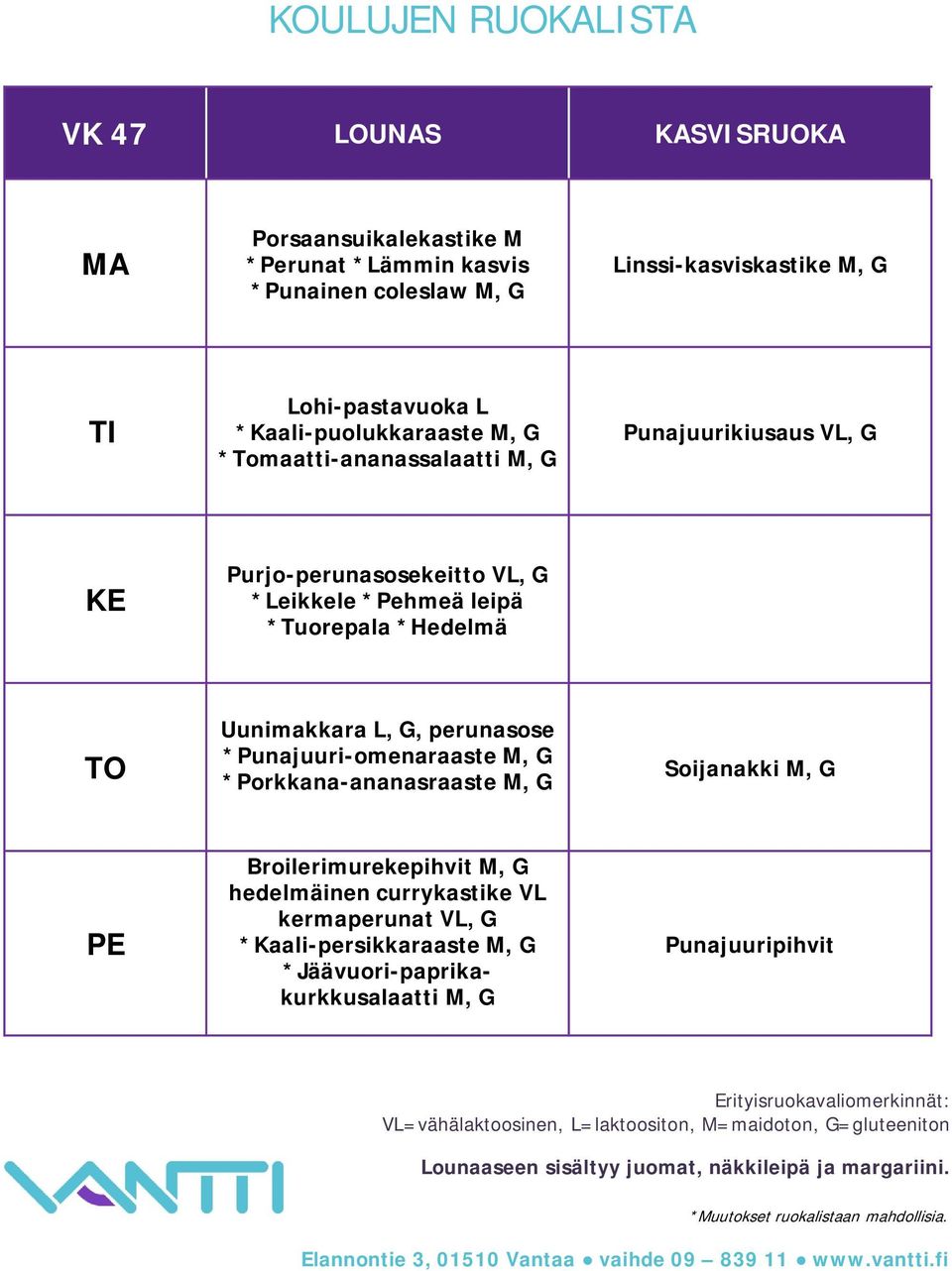 *Leikkele *Pehmeä leipä *Tuorepala *Hedelmä Uunimakkara L, G, perunasose *Punajuuri-omenaraaste *Porkkana-ananasraaste