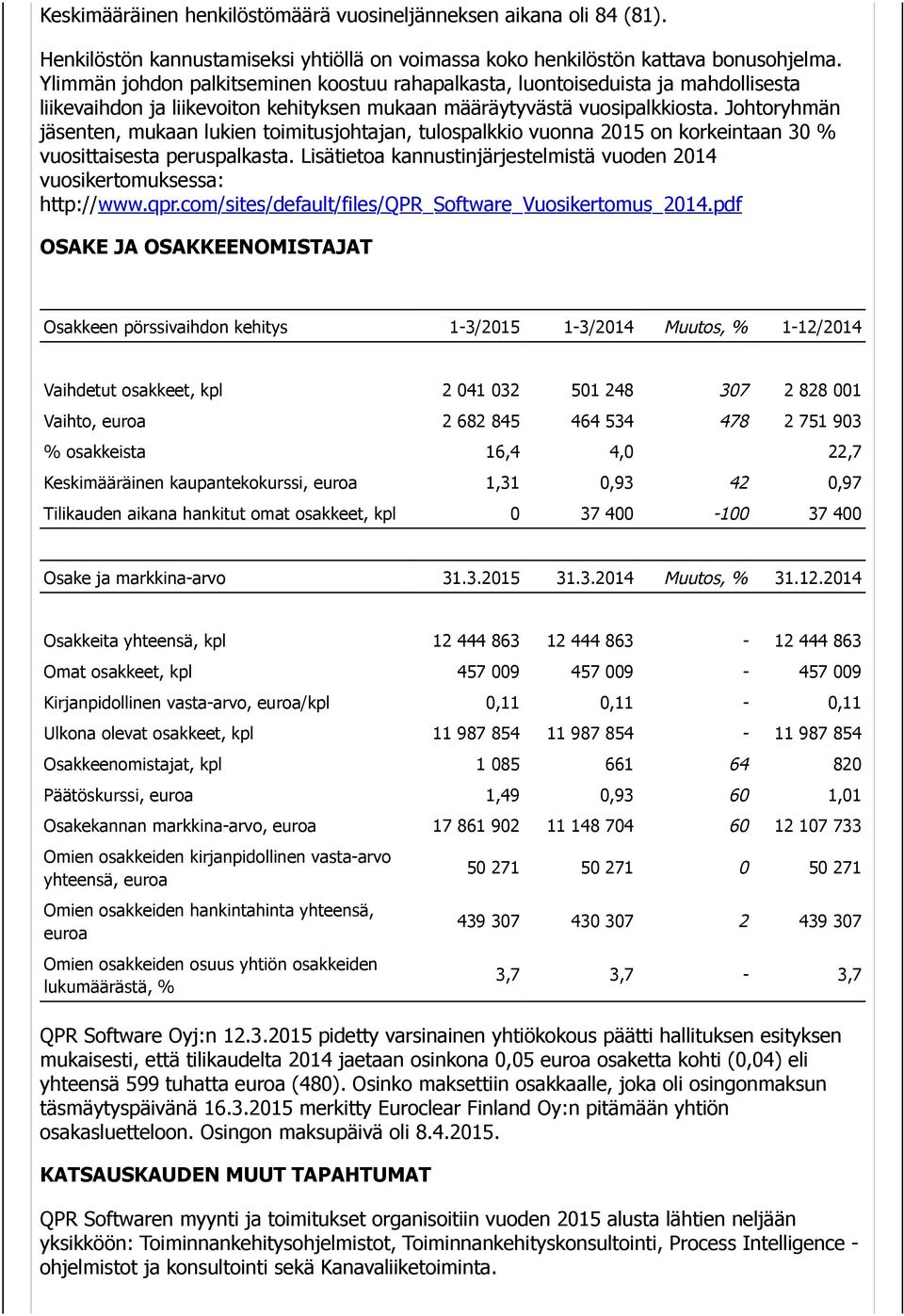 Johtoryhmän jäsenten, mukaan lukien toimitusjohtajan, tulospalkkio vuonna 2015 on korkeintaan 30 % vuosittaisesta peruspalkasta.