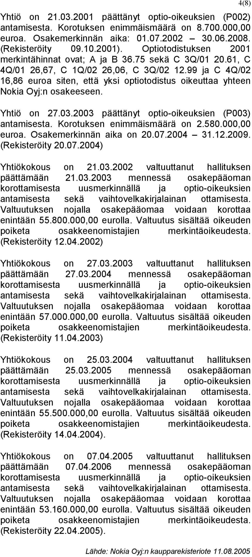 99 ja C 4Q/02 16,86 euroa siten, että yksi optiotodistus oikeuttaa yhteen Nokia Oyj:n osakeeseen. Yhtiö on 27.03.2003 päättänyt optio-oikeuksien (P003) antamisesta. Korotuksen enimmäismäärä on 2.580.