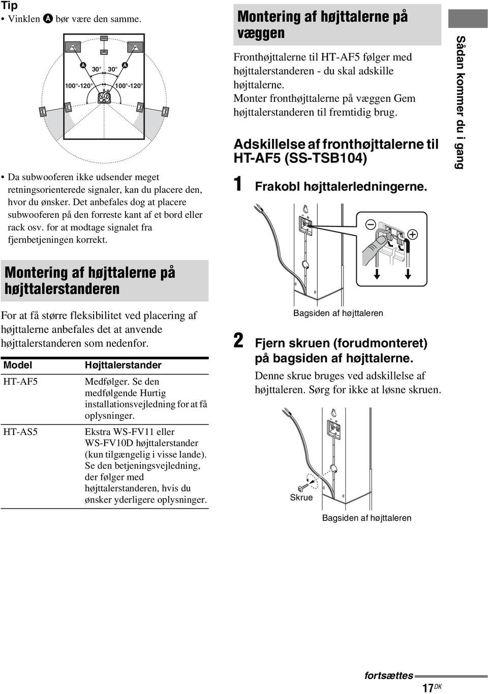 Montering af højttalerne på væggen Fronthøjttalerne til HT-AF5 følger med højttalerstanderen - du skal adskille højttalerne.