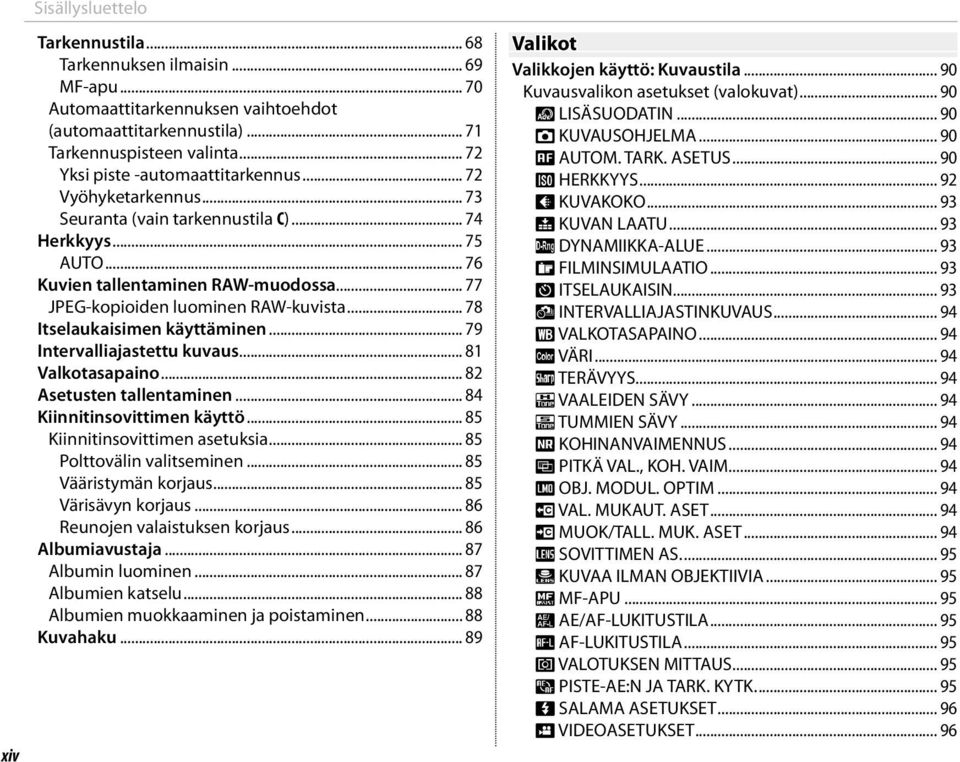 .. 77 JPEG-kopioiden luominen RAW-kuvista... 78 Itselaukaisimen käyttäminen... 79 Intervalliajastettu kuvaus... 81 Valkotasapaino... 82 Asetusten tallentaminen... 84 Kiinnitinsovittimen käyttö.