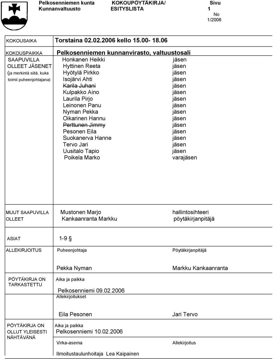 Isojärvi Ahti jäsen Karila Juhani jäsen Kulpakko Aino jäsen Laurila Pirjo jäsen Leinonen Panu jäsen Nyman Pekka jäsen Oikarinen Hannu jäsen Perttunen Jimmy jäsen Pesonen Eila jäsen Suokanerva Hanne