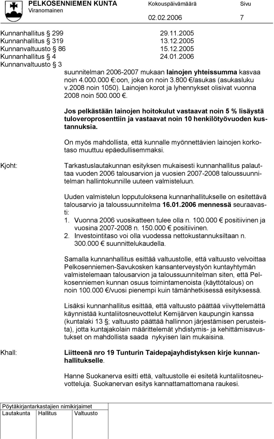 Lainojen korot ja lyhennykset olisivat vuonna 2008 noin 500.000.