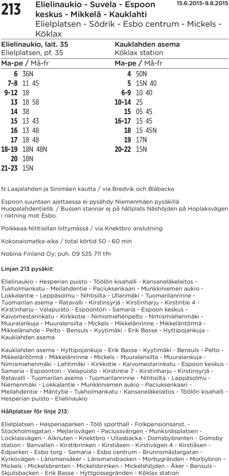 18N 21-23 15N N Laajalahden ja Sinimäen kautta / via Bredvik och Blåbacka Espoon suuntaan ajettaessa ei pysähdy Niemenmäen pysäkillä Huopalahdentiellä.