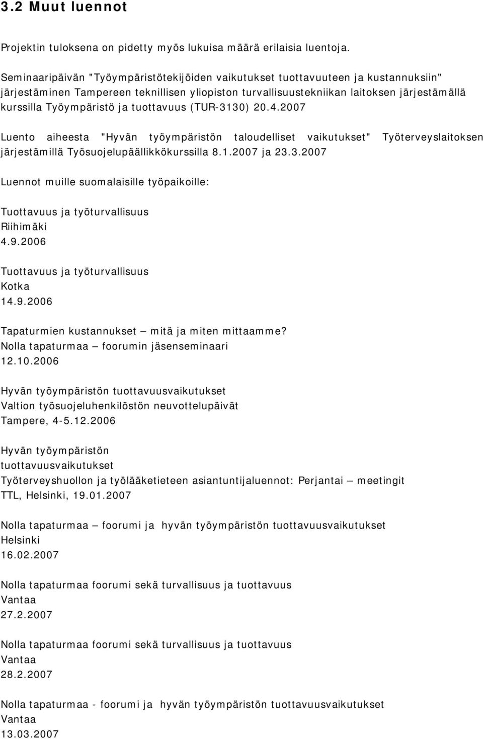 ja tuottavuus (TUR-3130) 20.4.2007 Luento aiheesta "Hyvän työympäristön taloudelliset vaikutukset" Työterveyslaitoksen järjestämillä Työsuojelupäällikkökurssilla 8.1.2007 ja 23.3.2007 Luennot muille suomalaisille työpaikoille: Tuottavuus ja työturvallisuus Riihimäki 4.