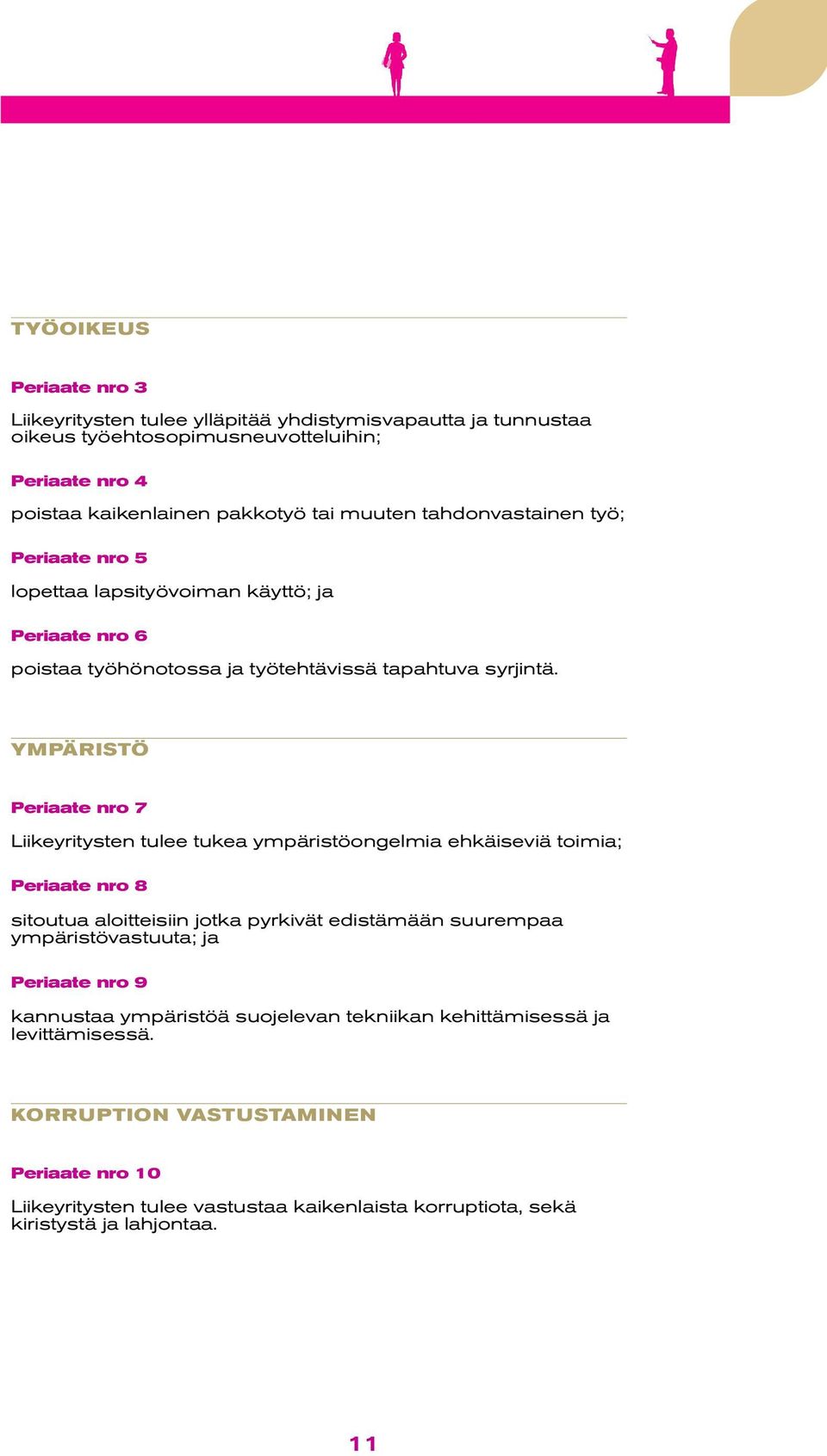 YMPÄRISTÖ Periaate nro 7 Liikeyritysten tulee tukea ympäristöongelmia ehkäiseviä toimia; Periaate nro 8 sitoutua aloitteisiin jotka pyrkivät edistämään suurempaa ympäristövastuuta;