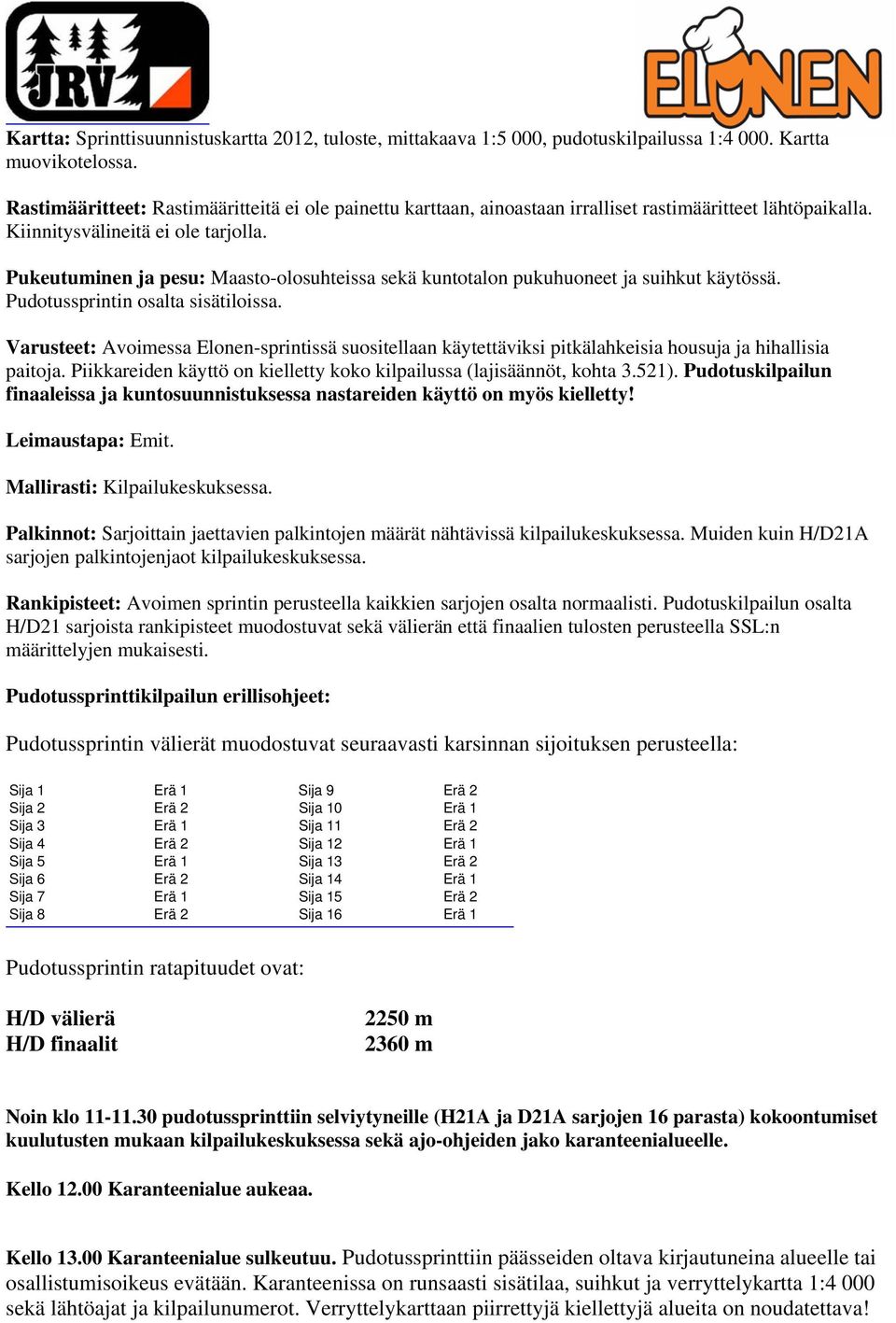 Pukeutuminen ja pesu: Maasto-olosuhteissa sekä kuntotalon pukuhuoneet ja suihkut käytössä. Pudotussprintin osalta sisätiloissa.