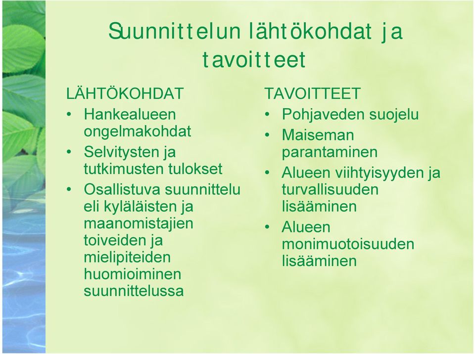 toiveiden ja mielipiteiden huomioiminen suunnittelussa TAVOITTEET Pohjaveden suojelu