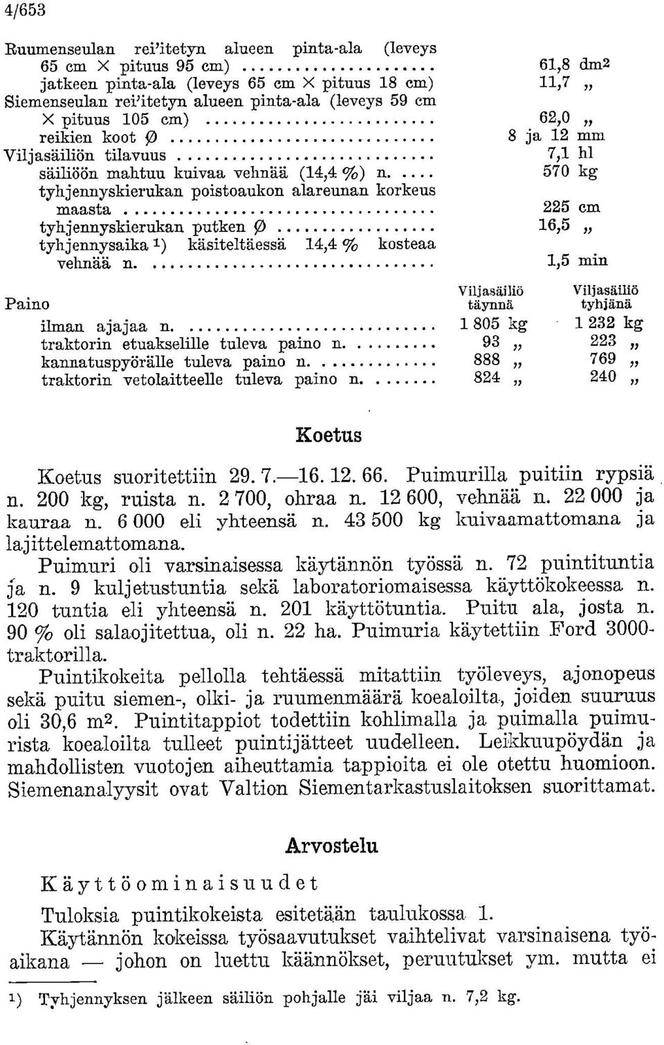 .. 570 kg tyhjennyskierukan poistoaukon alareunan korkeus maasta 225 cm tyhjennyskierukan putken 9 16,5 tyhjennysaika 1) käsiteltäessä 14,4 % kosteaa vehnää n.