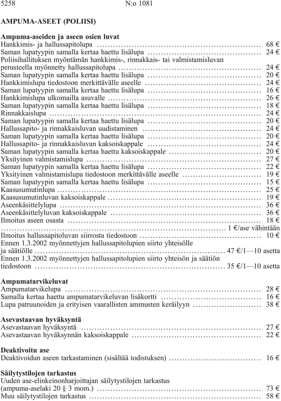 .. 20 Hankkimislupa tiedostoon merkittävälle aseelle... 24 Saman lupatyypin samalla kertaa haettu lisälupa... 16 Hankkimislupa ulkomailla asuvalle... 26 Saman lupatyypin samalla kertaa haettu lisälupa.