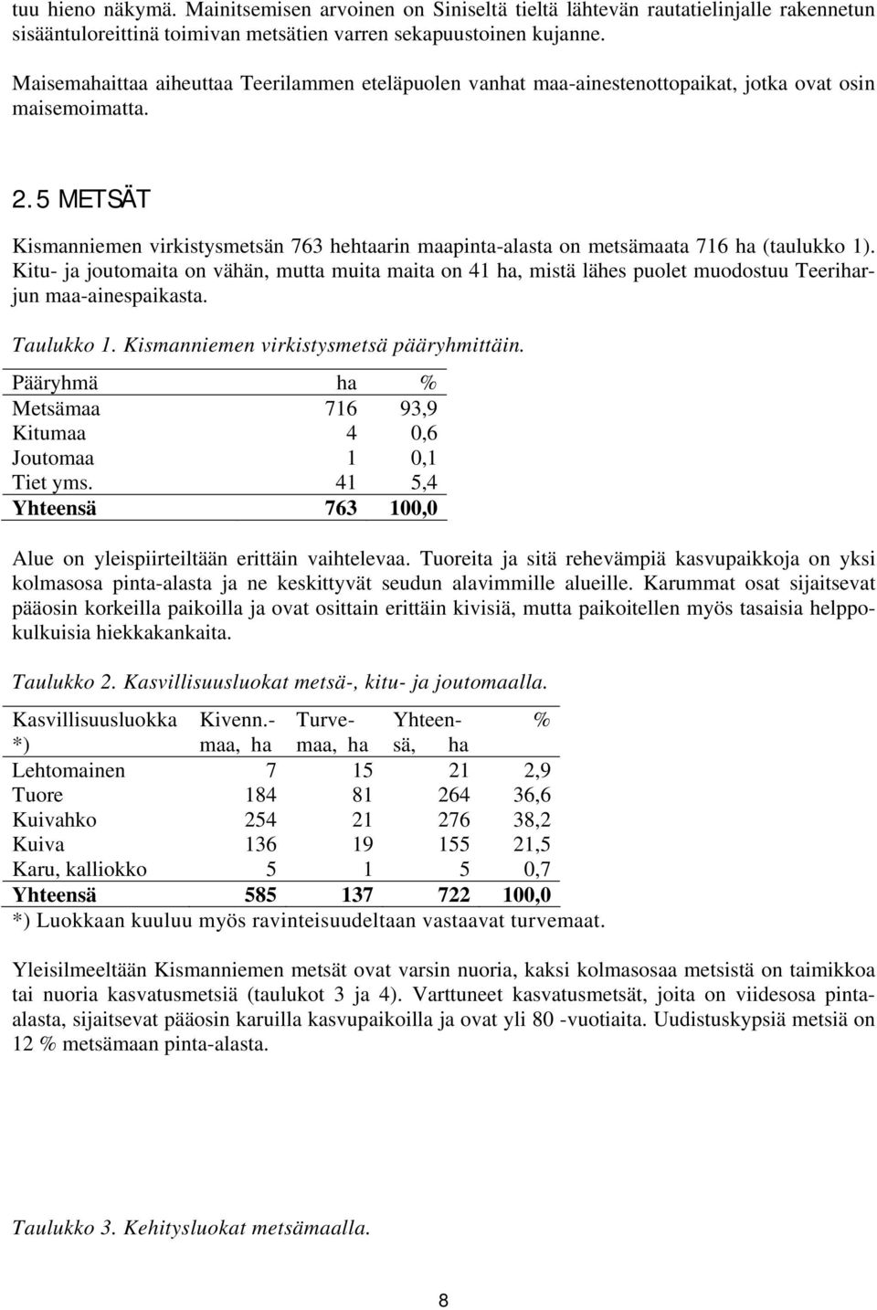 5 METSÄT Kismanniemen virkistysmetsän 763 hehtaarin maapinta-alasta on metsämaata 716 ha (taulukko 1).