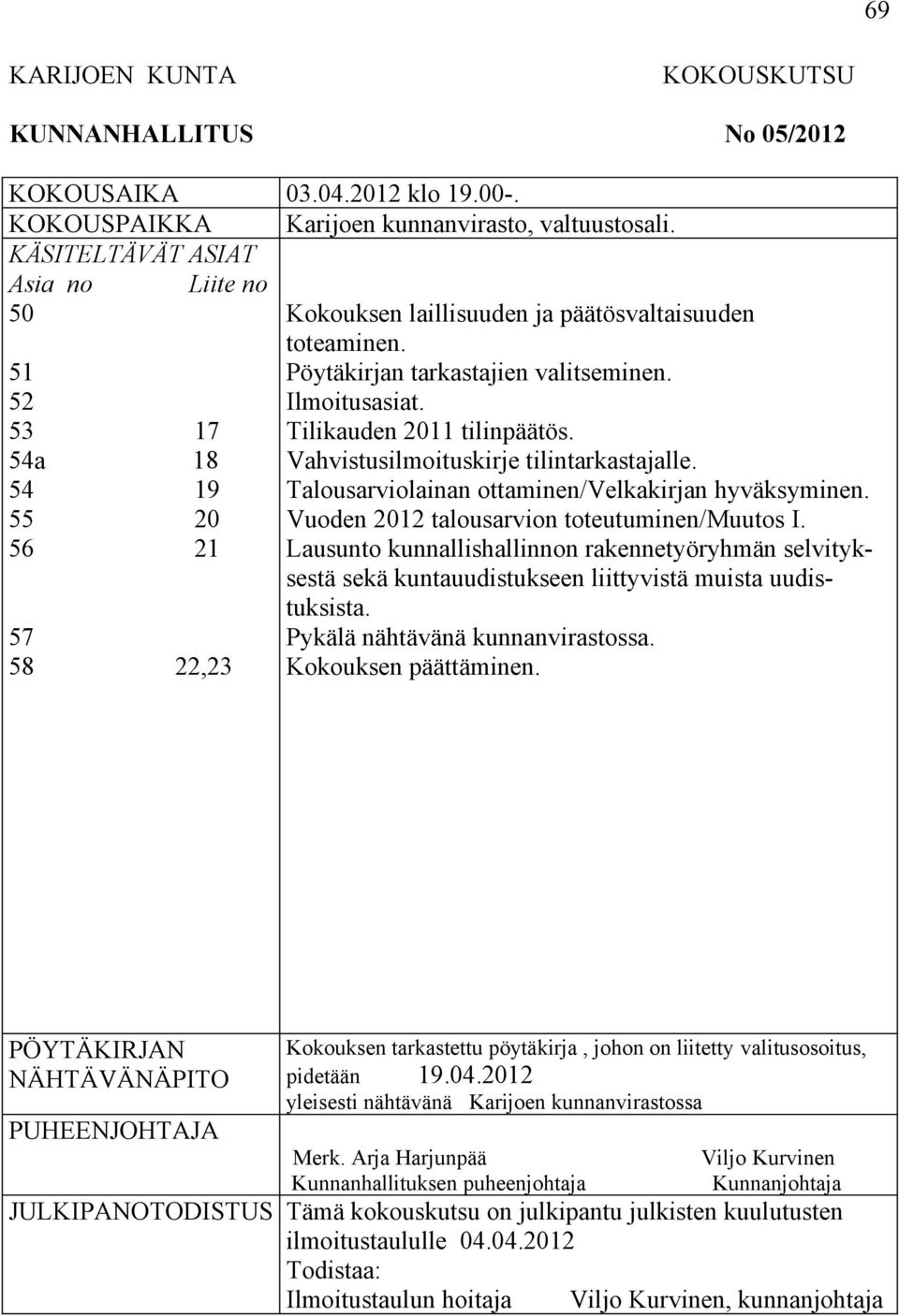 Tilikauden 2011 tilinpäätös. Vahvistusilmoituskirje tilintarkastajalle. Talousarviolainan ottaminen/velkakirjan hyväksyminen. Vuoden 2012 talousarvion toteutuminen/muutos I.