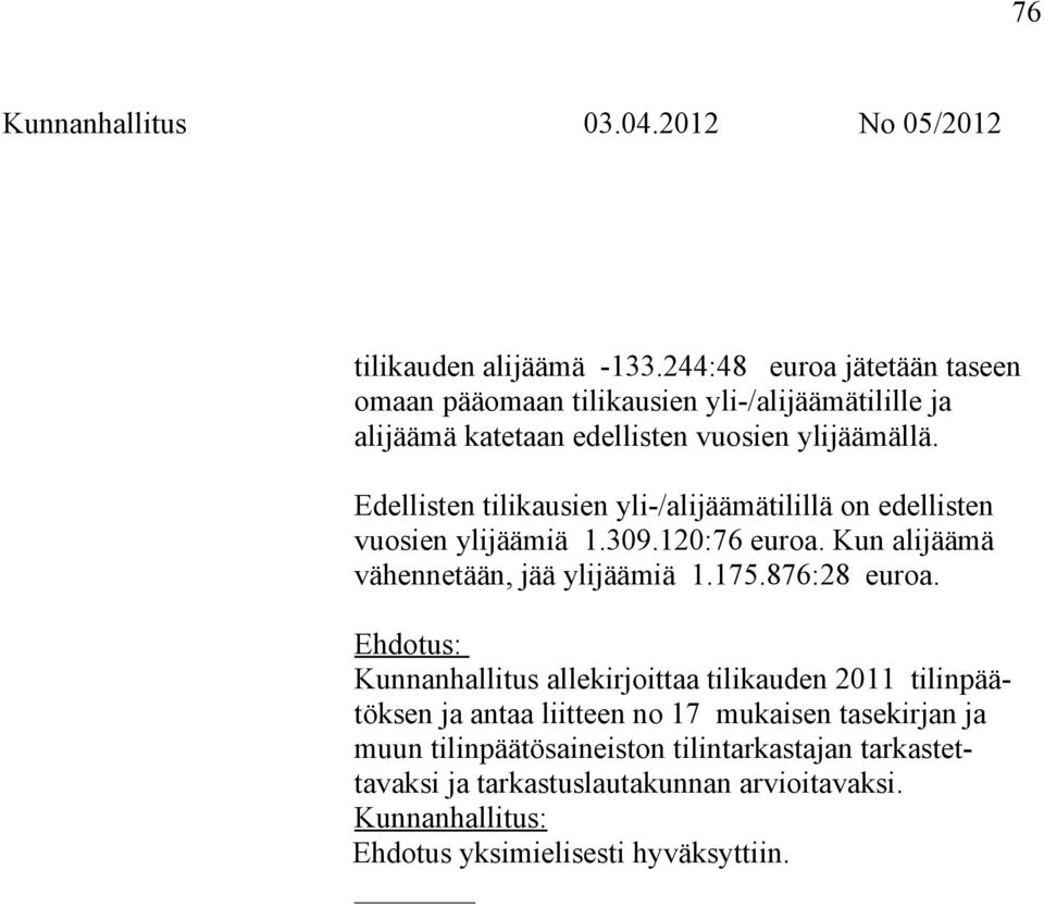 Edellisten tilikausien yli-/alijäämätilillä on edellisten vuosien ylijäämiä 1.309.120:76 euroa. Kun alijäämä vähennetään, jää ylijäämiä 1.175.