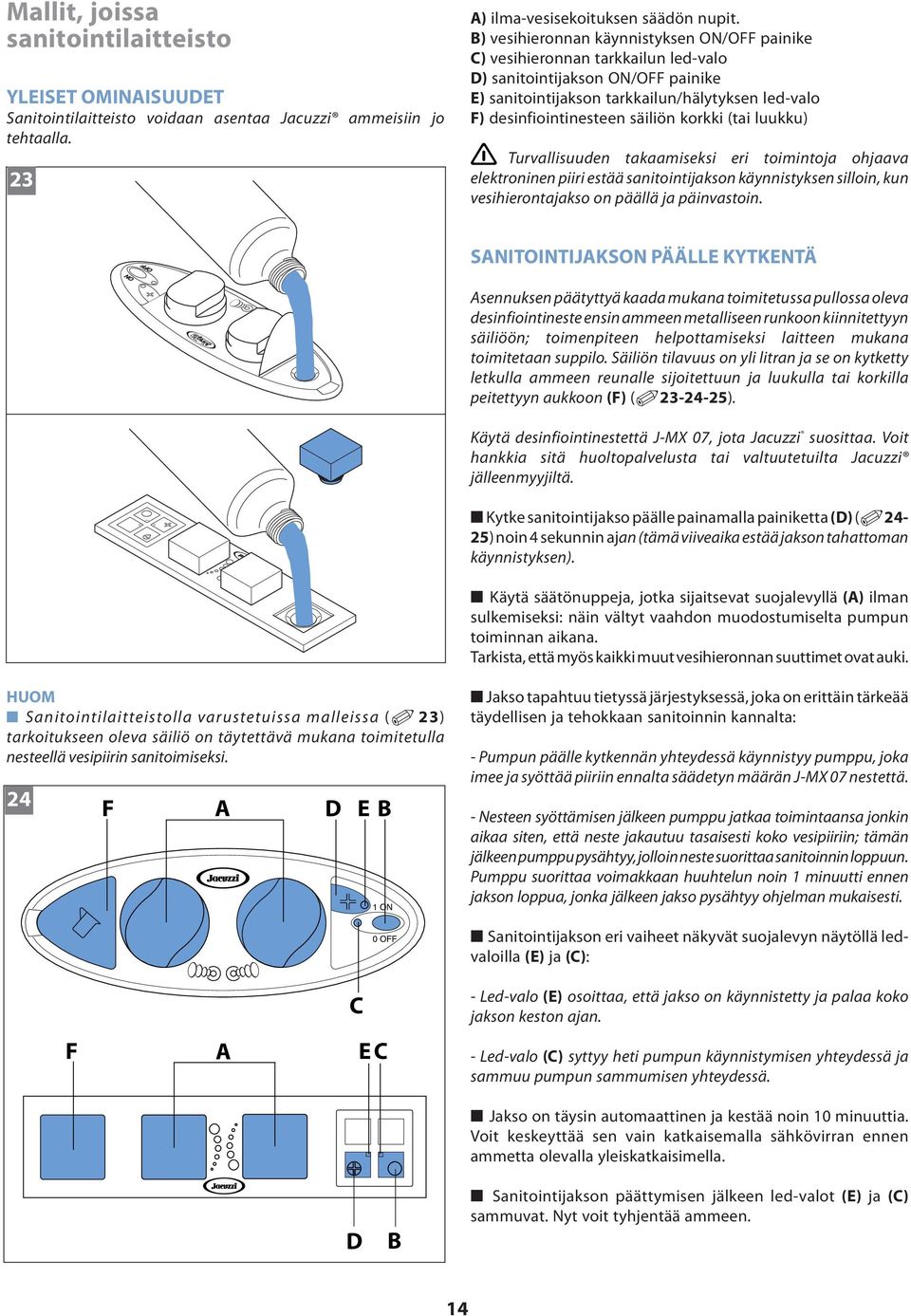 korkki (tai luukku) Turvallisuuden takaamiseksi eri toimintoja ohjaava elektroninen piiri estää sanitointijakson käynnistyksen silloin, kun vesihierontajakso on päällä ja päinvastoin.