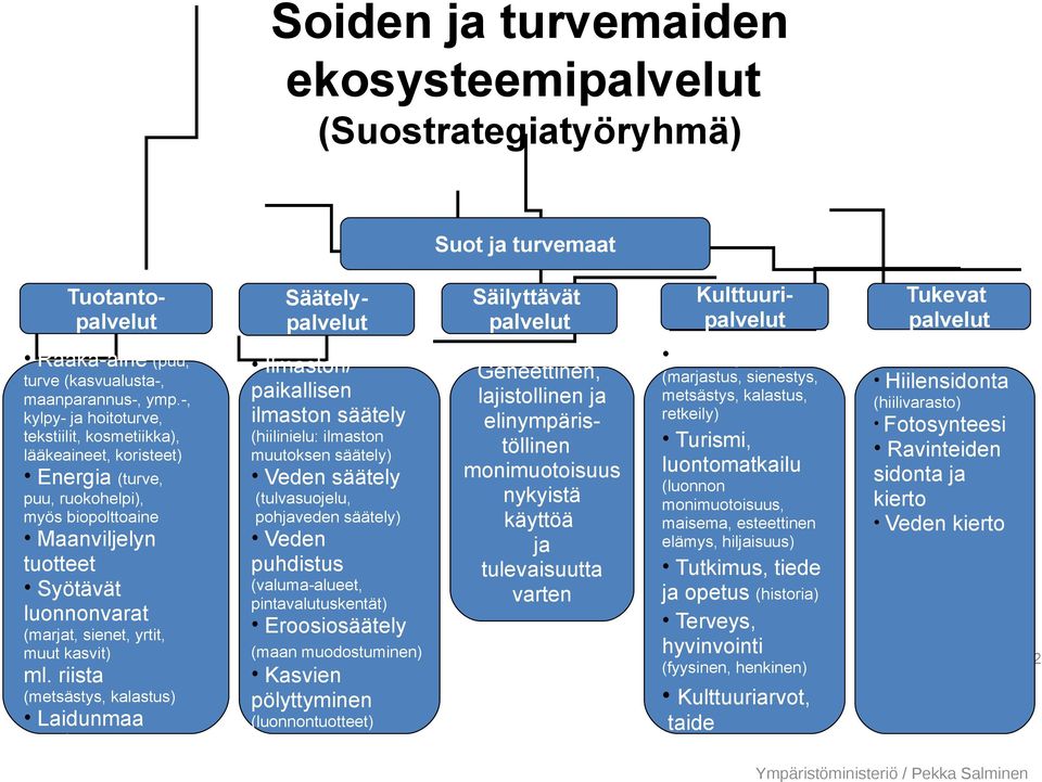 -, kylpy- ja hoitoturve, tekstiilit, kosmetiikka), lääkeaineet, koristeet) Energia (turve, puu, ruokohelpi), myös biopolttoaine Maanviljelyn tuotteet Syötävät luonnonvarat (marjat, sienet, yrtit,