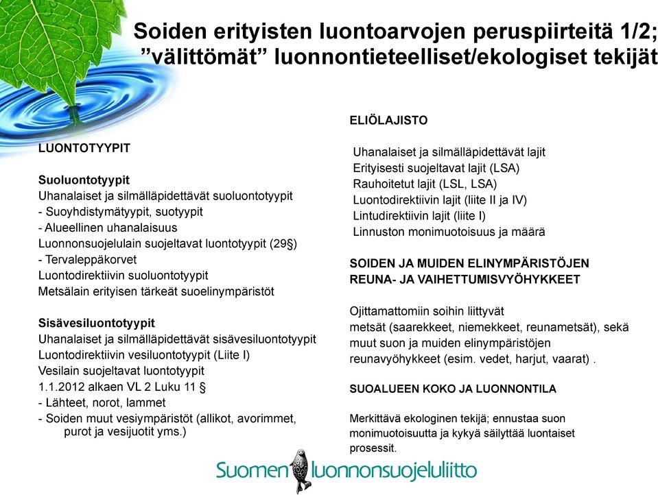 suoelinympäristöt Sisävesiluontotyypit Uhanalaiset ja silmälläpidettävät sisävesiluontotyypit Luontodirektiivin vesiluontotyypit (Liite I) Vesilain suojeltavat luontotyypit 1.