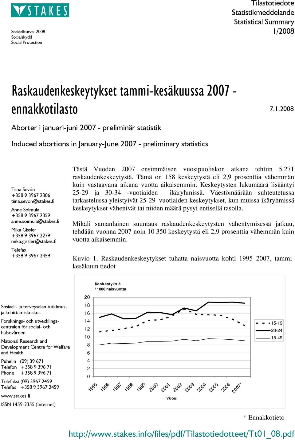 2008 Aborter i januari-juni 2007 - preliminär statistik Induced abortions in January-June 2007 - preliminary statistics Tiina Sevón +358 9 3967 2306 tiina.sevon@stakes.