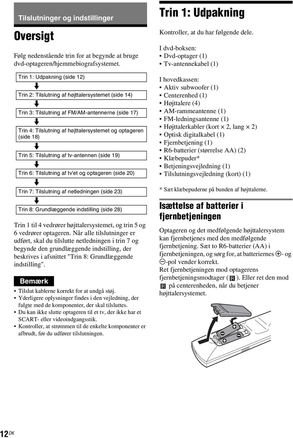 m Trin 5: Tilslutning af tv-antennen (side 19) m Trin 6: Tilslutning af tv'et og optageren (side 20) m Trin 7: Tilslutning af netledningen (side 23) m Trin 8: Grundlæggende indstilling (side 28) Trin