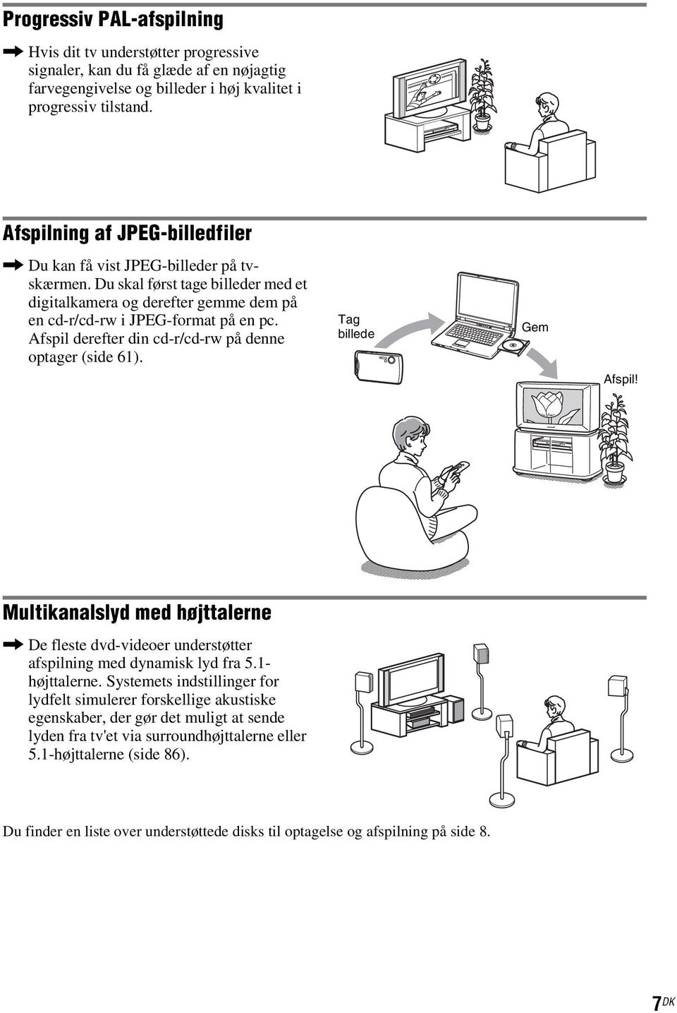 Afspil derefter din cd-r/cd-rw på denne optager (side 61). Tag billede Gem Afspil! Multikanalslyd med højttalerne, De fleste dvd-videoer understøtter afspilning med dynamisk lyd fra 5.1- højttalerne.