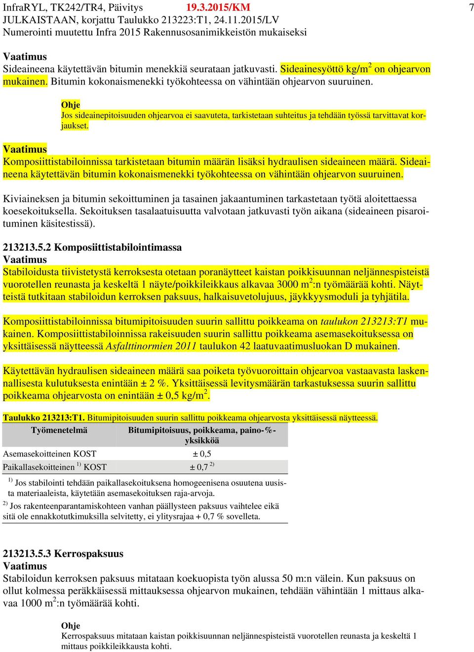 Komposiittistabiloinnissa tarkistetaan bitumin määrän lisäksi hydraulisen sideaineen määrä. Sideaineena käytettävän bitumin kokonaismenekki työkohteessa on vähintään ohjearvon suuruinen.