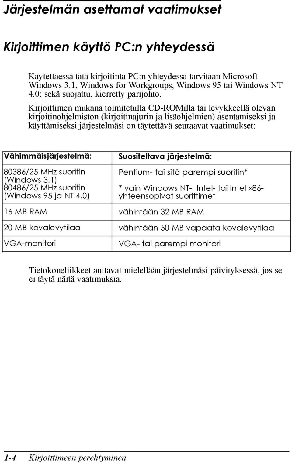 Kirjoittimen mukana toimitetulla CD-ROMilla tai levykkeellš olevan kirjoitinohjelmiston (kirjoitinajurin ja lisšohjelmien) asentamiseksi ja kšyttšmiseksi jšrjestelmšsi on tšytettšvš seuraavat