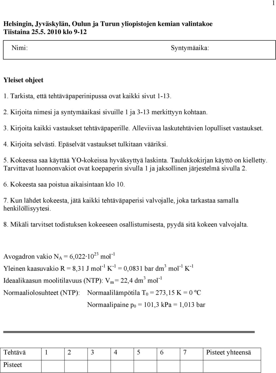 Kokeessa saa käyttää YO-kokeissa hyväksyttyä laskinta. Taulukkokirjan käyttö on kielletty. Tarvittavat luonnonvakiot ovat koepaperin sivulla 1 ja jaksollinen järjestelmä sivulla 2. 6.