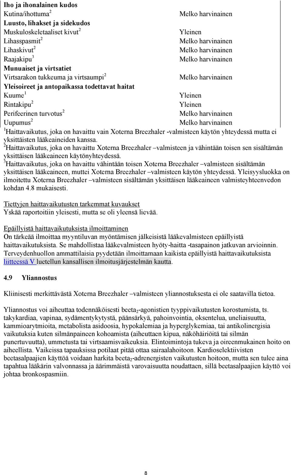 Perifeerinen turvotus 2 Melko harvinainen Uupumus 2 Melko harvinainen 1 Haittavaikutus, joka on havaittu vain Xoterna Breezhaler -valmisteen käytön yhteydessä mutta ei yksittäisten lääkeaineiden