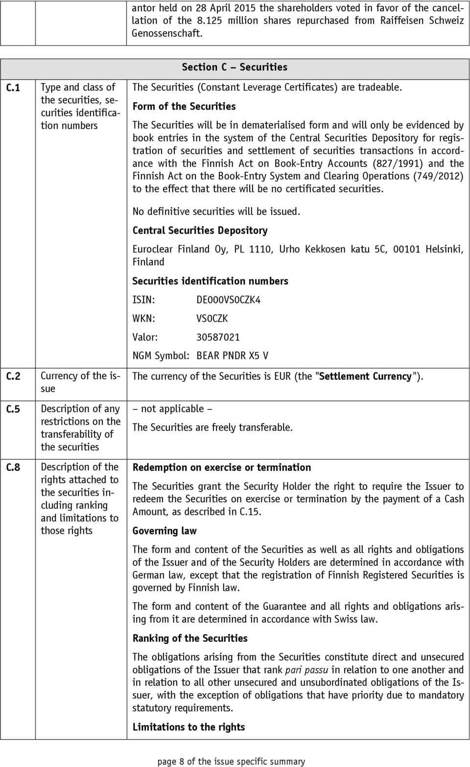 8 Description of the rights attached to the securities including ranking and limitations to those rights The Securities (Constant Leverage Certificates) are tradeable.