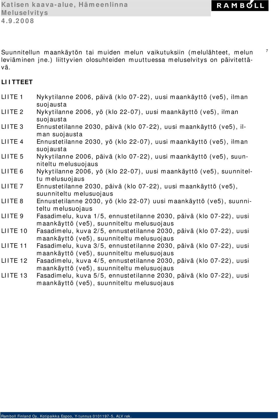 Nykytilanne 2006, yö (klo 22-07), uusi aankäyttö (ve5), ilan suojausta Ennustetilanne 2030, päivä (klo 07-22), uusi aankäyttö (ve5), ilan suojausta Ennustetilanne 2030, yö (klo 22-07), uusi aankäyttö