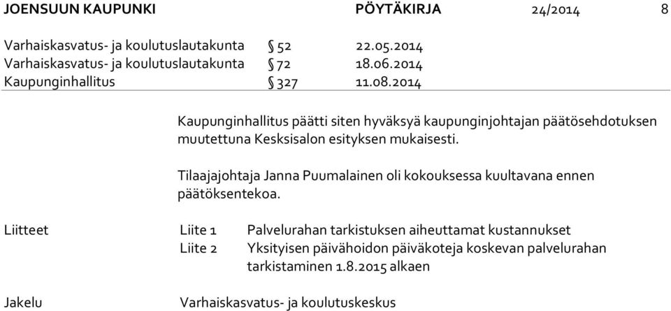 2014 Kaupunginhallitus päätti siten hyväksyä kaupunginjohtajan päätösehdotuksen muutettuna Kesksisalon esityksen mukaisesti.