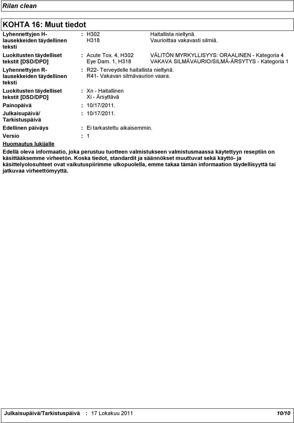 Xn Haitallinen Xi Ärsyttävä 10/17/2011. 10/17/2011. Ei tarkastettu aikaisemmin. 1 Haitallista nieltynä. Vaurioittaa vakavasti silmiä. Acute Tox.