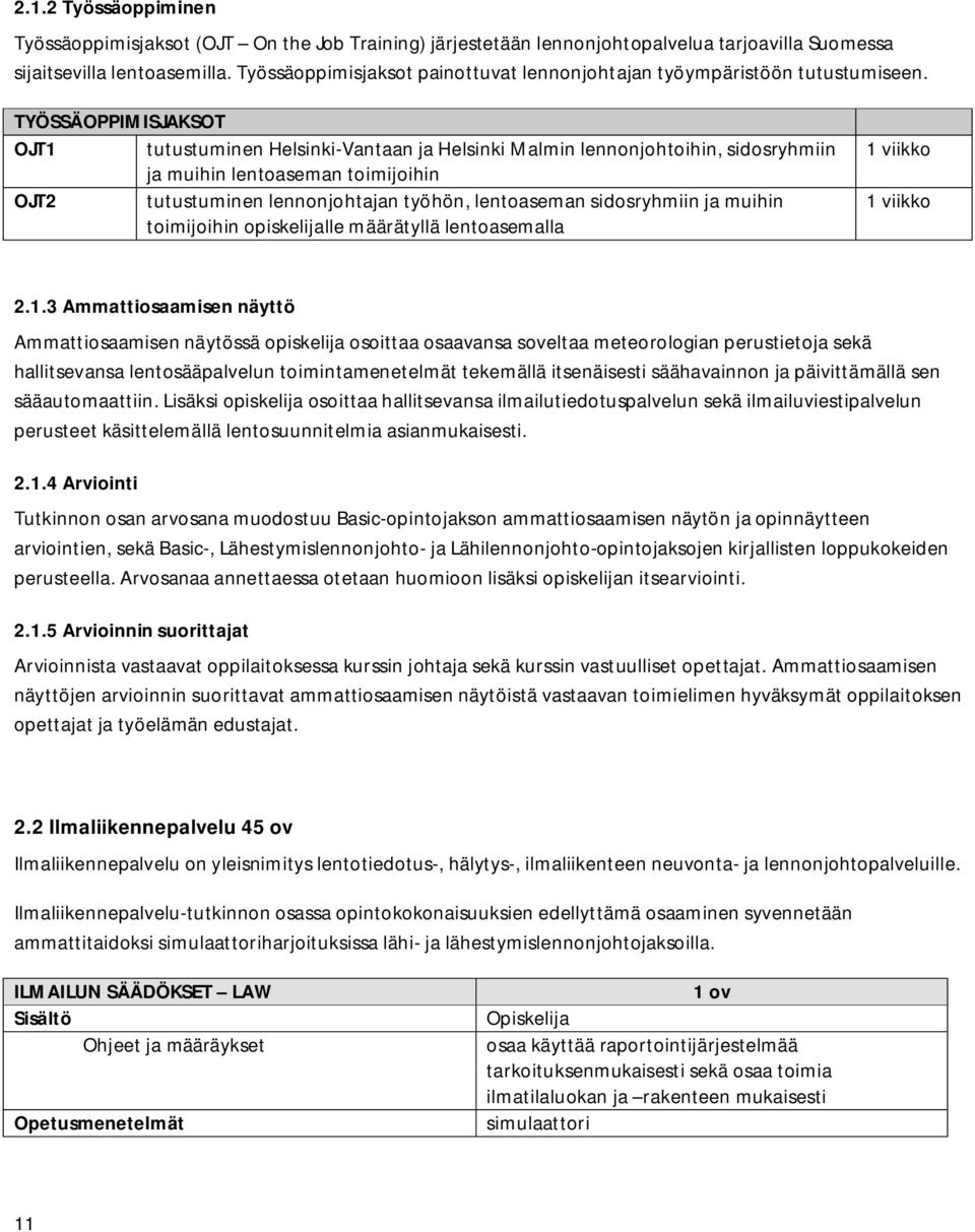 TYÖSSÄOPPIMISJAKSOT OJT1 tutustuminen Helsinki-Vantaan ja Helsinki Malmin lennonjohtoihin, sidosryhmiin ja muihin lentoaseman toimijoihin OJT2 tutustuminen lennonjohtajan työhön, lentoaseman