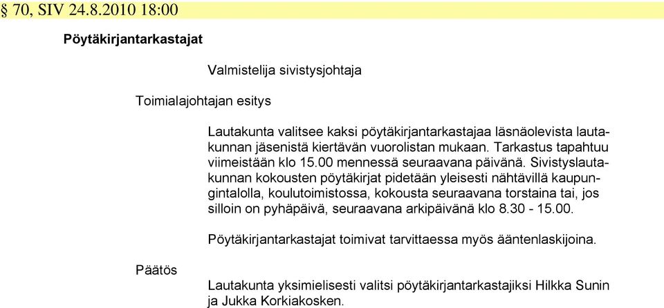 jäsenistä kiertävän vuorolistan mukaan. Tarkastus tapahtuu viimeistään klo 15.00 mennessä seuraavana päivänä.