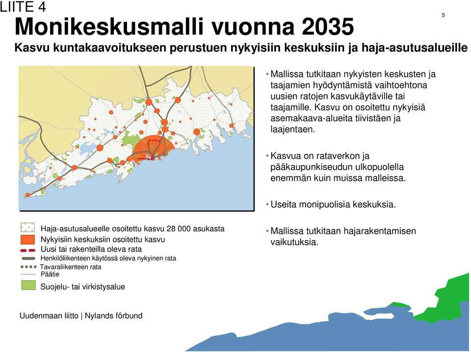 5 Kasvua on rataverkon ja pääkaupunkiseudun ulkopuolella enemmän kuin muissa malleissa. Useita monipuolisia keskuksia.