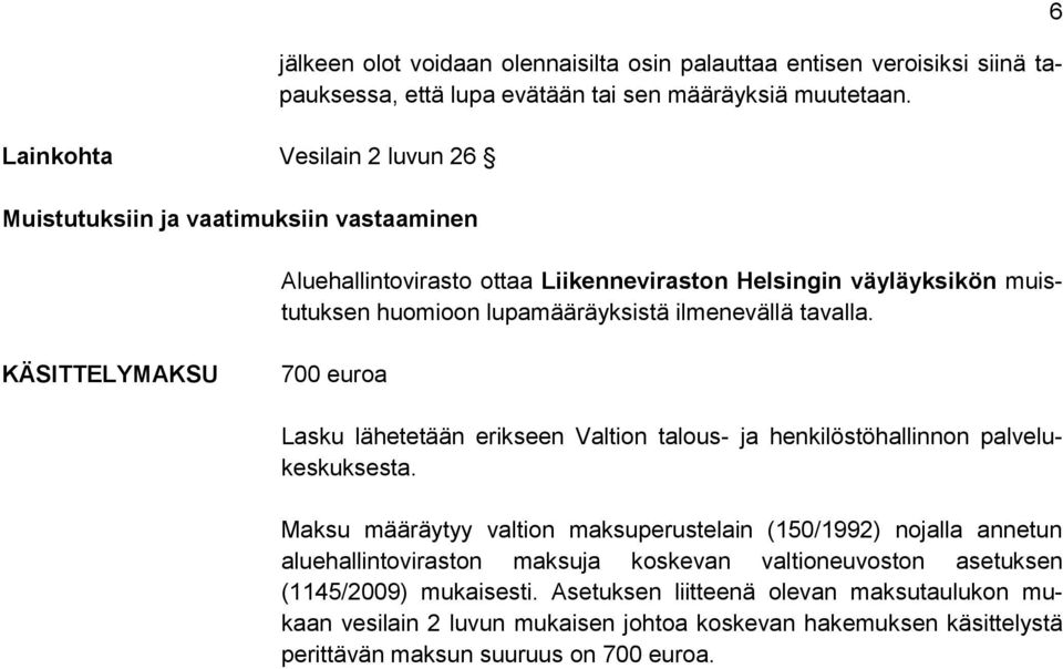 6 KÄSITTELYMAKSU 700 euroa Lasku lähetetään erikseen Valtion talous- ja henkilöstöhallinnon palvelukeskuksesta.