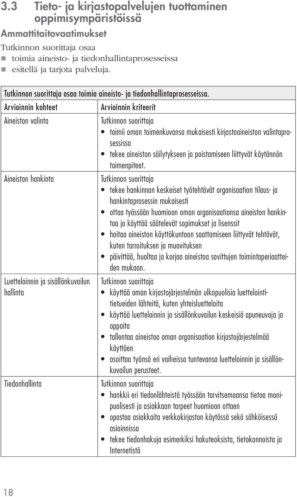 Arvioinnin kohteet Arvioinnin kriteerit Aineiston valinta toimii oman toimenkuvansa mukaisesti kirjastoaineiston valintaprosessissa tekee aineiston säilytykseen ja poistamiseen liittyvät käytännön