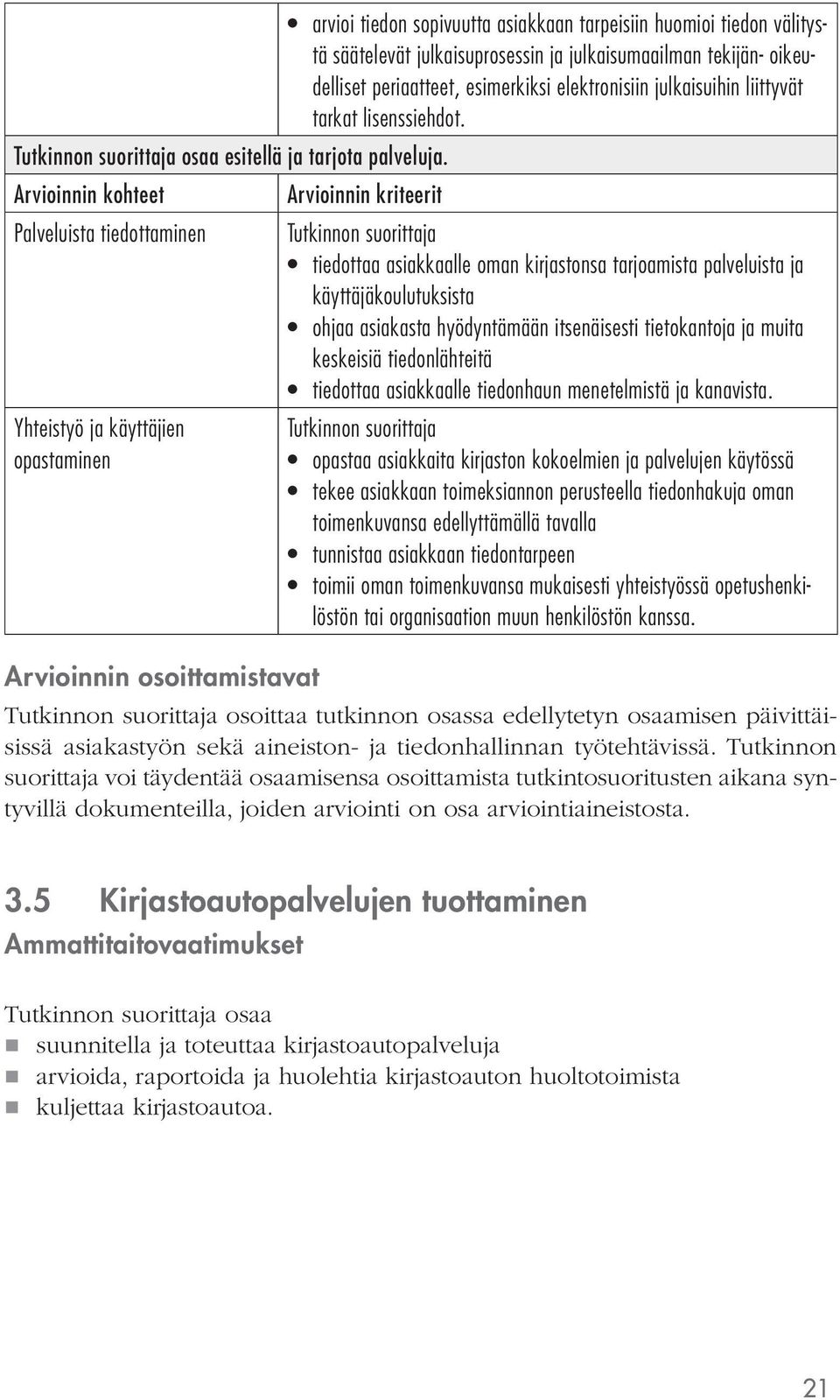 Arvioinnin kohteet Arvioinnin kriteerit Palveluista tiedottaminen tiedottaa asiakkaalle oman kirjastonsa tarjoamista palveluista ja käyttäjäkoulutuksista ohjaa asiakasta hyödyntämään itsenäisesti